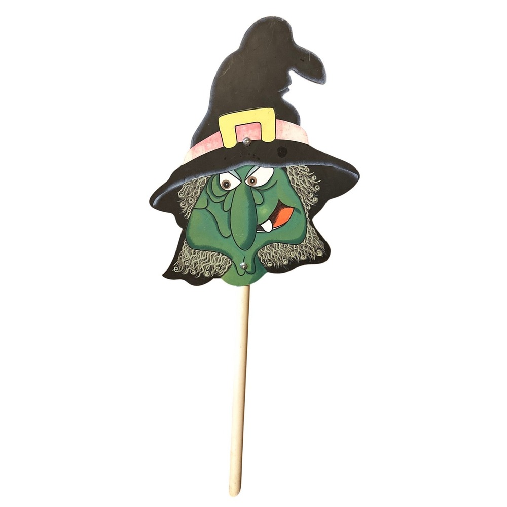 Vintage Halloween Witch Yard Stake Garden Decor Green Face Witch Prop 24 Inch